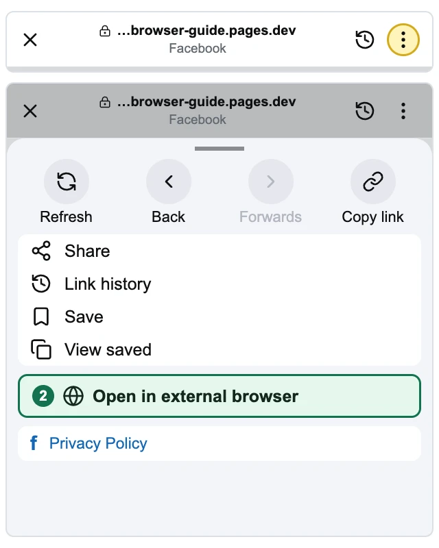 Facebook menu illustration: tap the upper-right three dots, then select Open in external browser in the bottom panel.